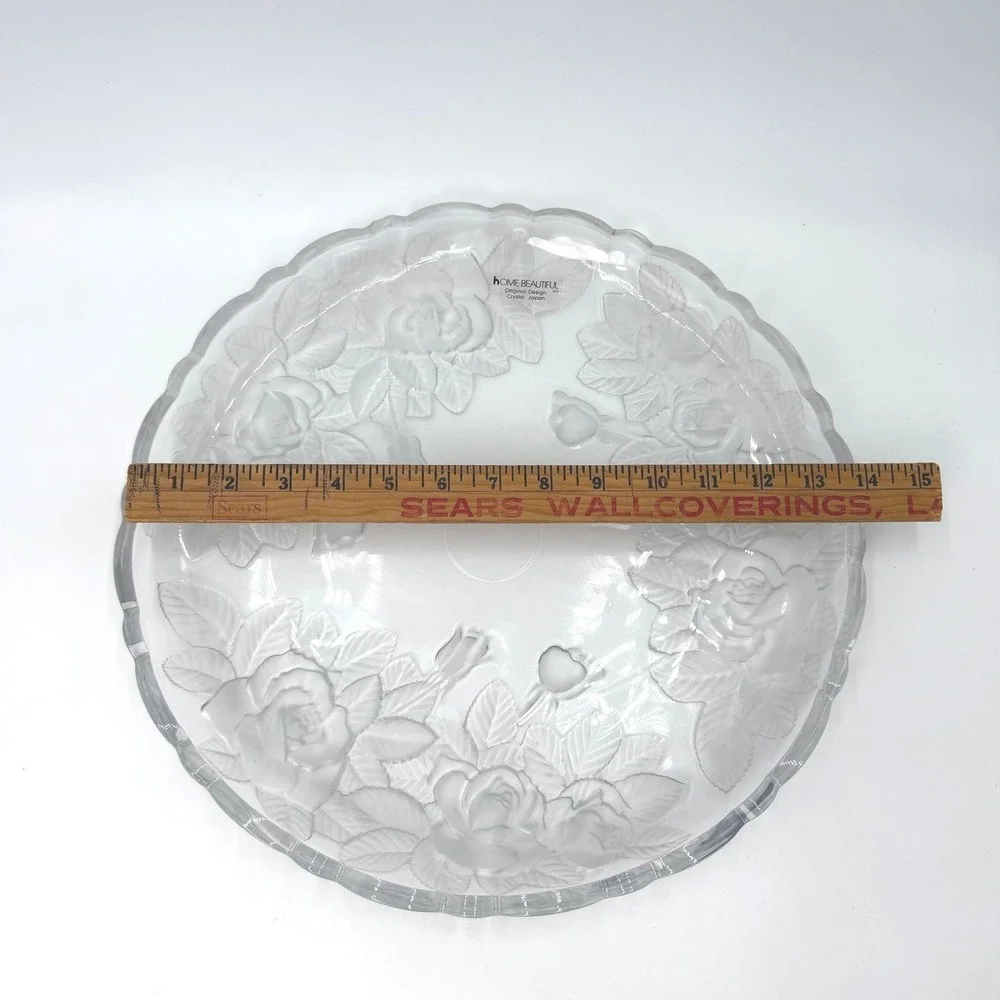Home Beautiful Crystal Japan Frosted Rose Scalloped Round‎ Platter Serving Tray
